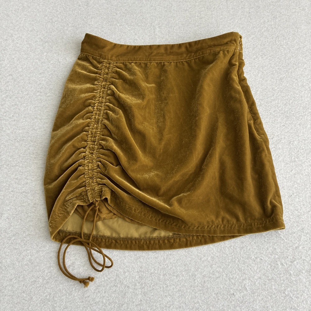 Free People Vivienne Velvet Mini Skirt Mustard Gold Ruched Cinch Boho Size 2